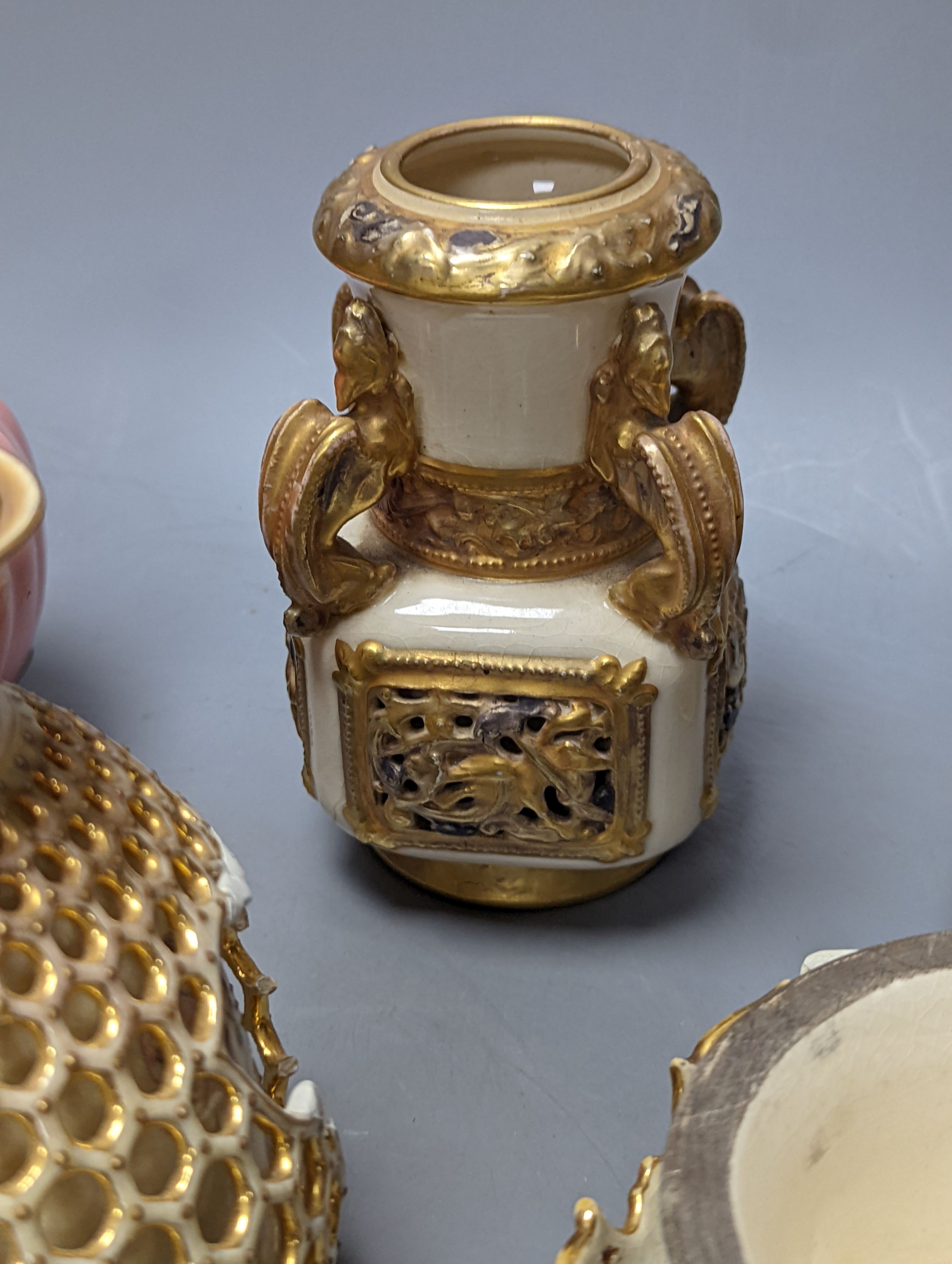 A group of Zsolnay pottery vases, dishes etc., 8 in total (a.f.)